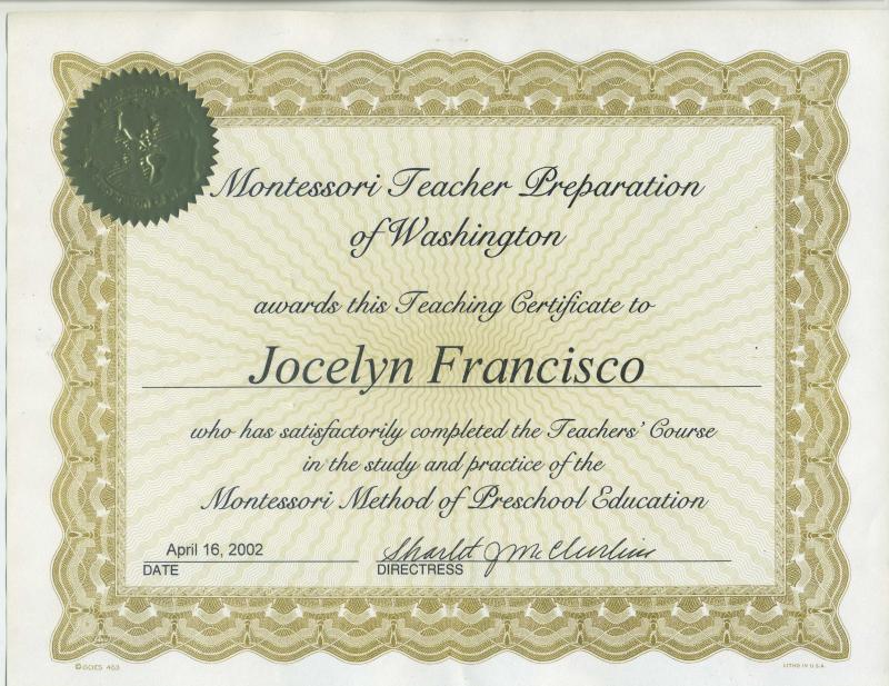 Montessori Diploma of Jocelyn M. Francisco